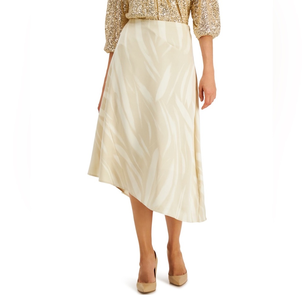 Like NEW.! ALFANI Womens Beige Zippered Asymmetric Hem Printed Midi - A-Line
